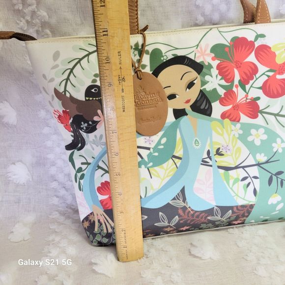 Sepiring Indonesia Girl Birds Of Paradise Floral Fabric Leather Tote Hawaii RARE - Picture 6 of 10